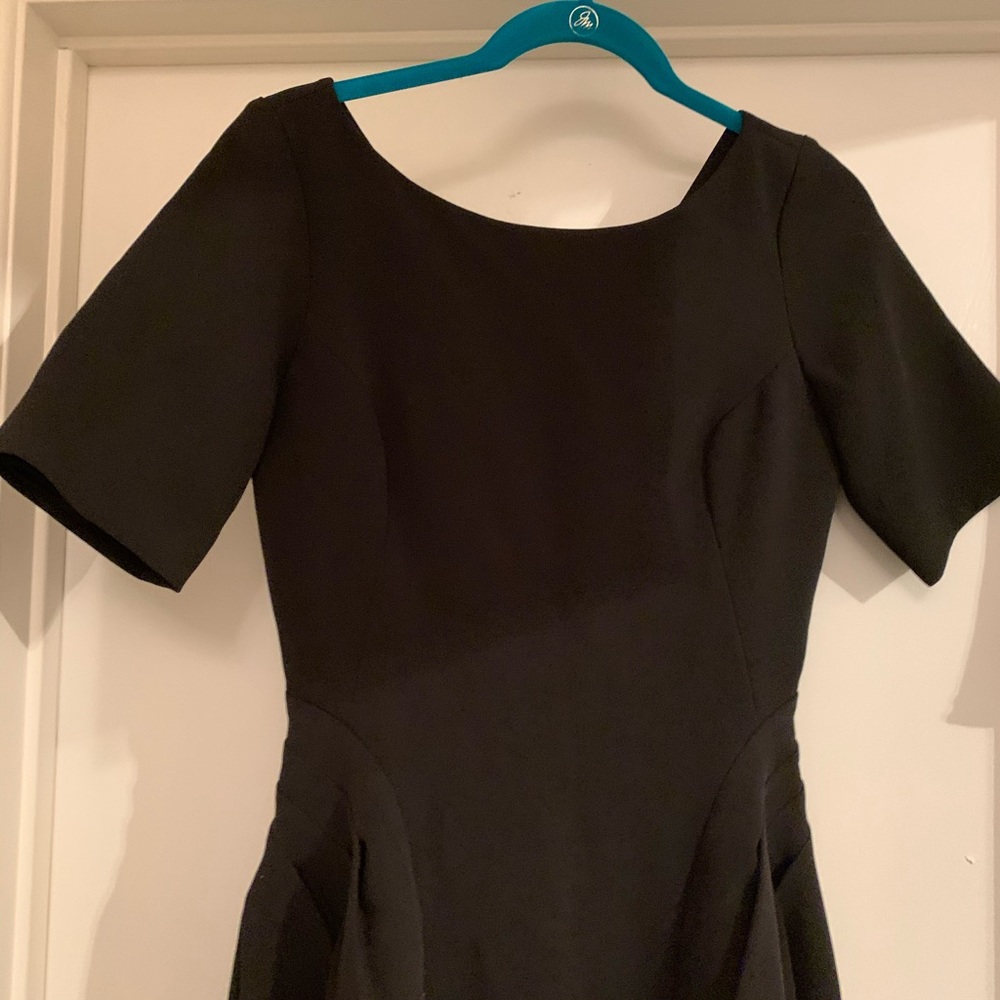 Black A-line short sleeve dress.